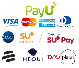 PayU, Visa, Mastercard, American Express, Diners Club, PSE, Su+, Su+ Pay, Nequi y DaviPlata